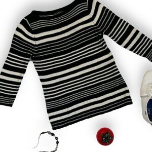 💕VTG LRL Lauren Jeans Co. Knit Striped Black & White 3/4 Sleeve Sweater Sz PM